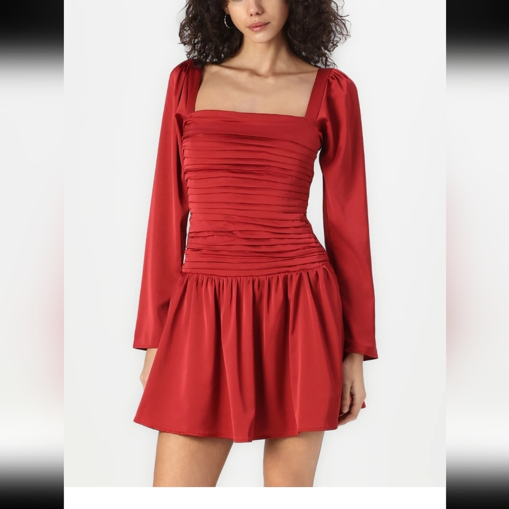 Abercrombie & Fitch Emerson Dropped Waist Satin Long Sleeve Ruched Mini  Dress